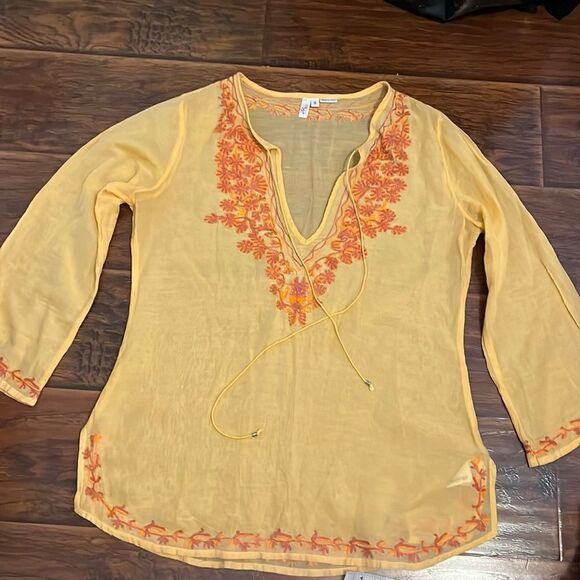 Joie Orange Boho Embroidered Sheer Silk Blend Top Festival Concert Coastal - Picture 1 of 9
